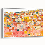 Vintage poster art of Guanajuato, Mexico, featuring colorful buildings on a black framed canvas.