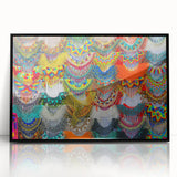 Large abstract wall art depicting a vibrant Oaxaca, Mexico scenery in mid-century modernist style, framed in black acrylic.