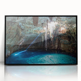 Large abstract wall art depicting a vibrant Yucatan scenery in mid-century modernist style, framed in black acrylic.