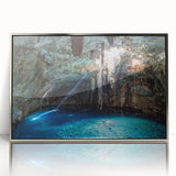 Mid-century modernist art depicting a serene Yucatan landscape in muted earth tones on a silver-framed acrylic.