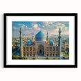 Extra large framed abstract art print depicting a colorful, textured Middle Eastern scenery, ideal for living room decor.