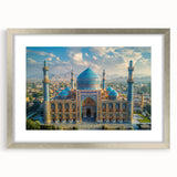 Textured abstract art print depicting a muted earth-toned Middle Eastern landscape on a framed silver mat.