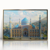 Large art print of a Middle Eastern landscape in gold and blue tones on framed acrylic, ideal for modern art wall decor.