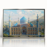 Mid-century modernist art depicting a serene Middle Eastern landscape in muted earth tones, framed in silver acrylic.