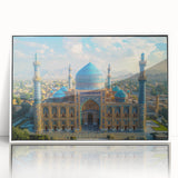 Acrylic print of a Middle Eastern landscape in pastel shades, framed in white, suitable for modern nursery decor.