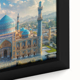 Extra large framed canvas depicting a textured, colorful Middle Eastern scene, ideal for living room decor.