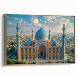 Vintage poster art depicting a Middle Eastern landscape on a black framed canvas, ideal for bedroom wall decor.