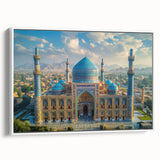 Vintage poster art of a Middle Eastern Afghan scenery in vibrant colors, framed canvas, ideal for living room decor.