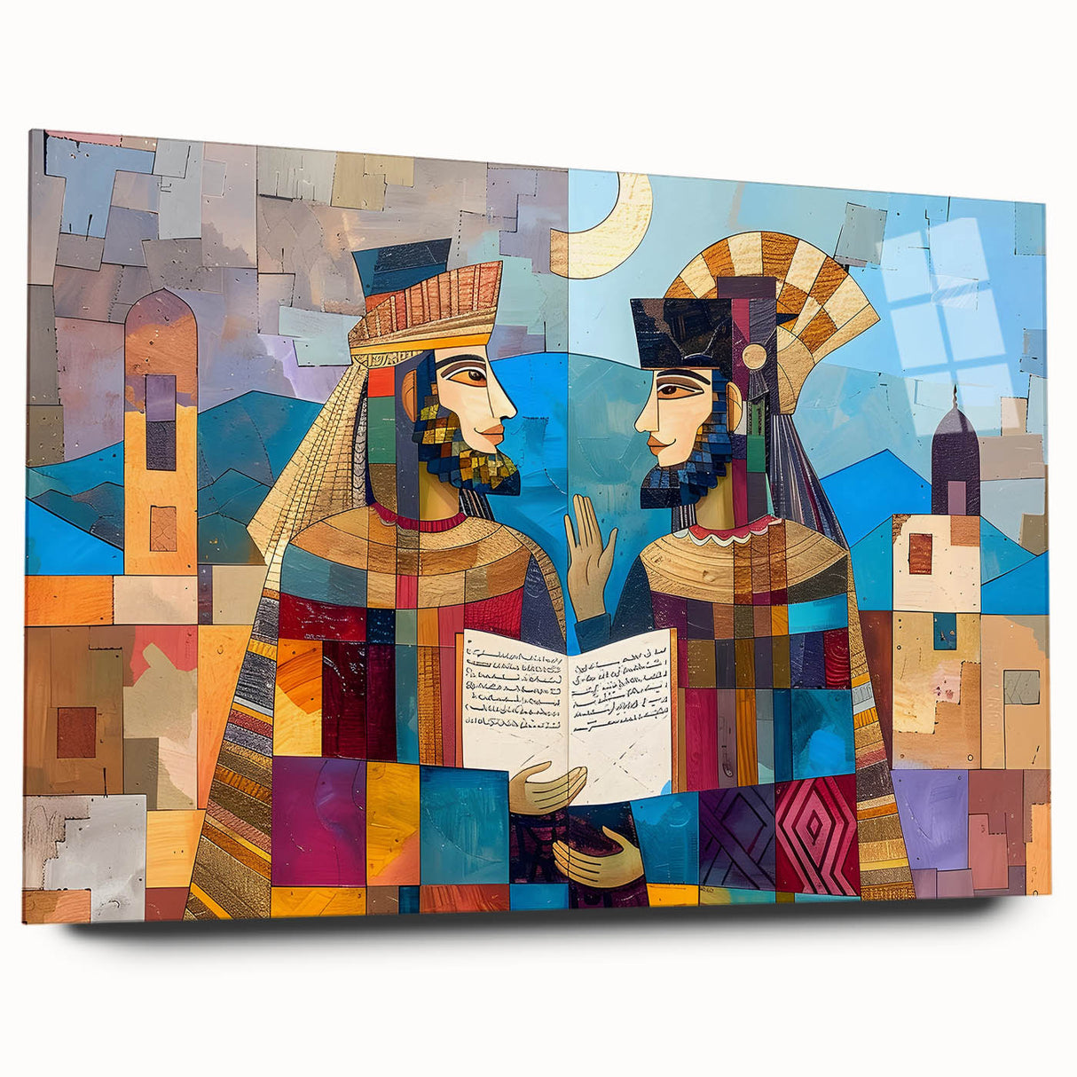 Large abstract wall art depicting a Middle Eastern landscape in muted earth tones on acrylic glass.