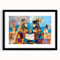 Extra large abstract art print of a textured Middle Eastern scenery in vibrant colors on a framed black mat.