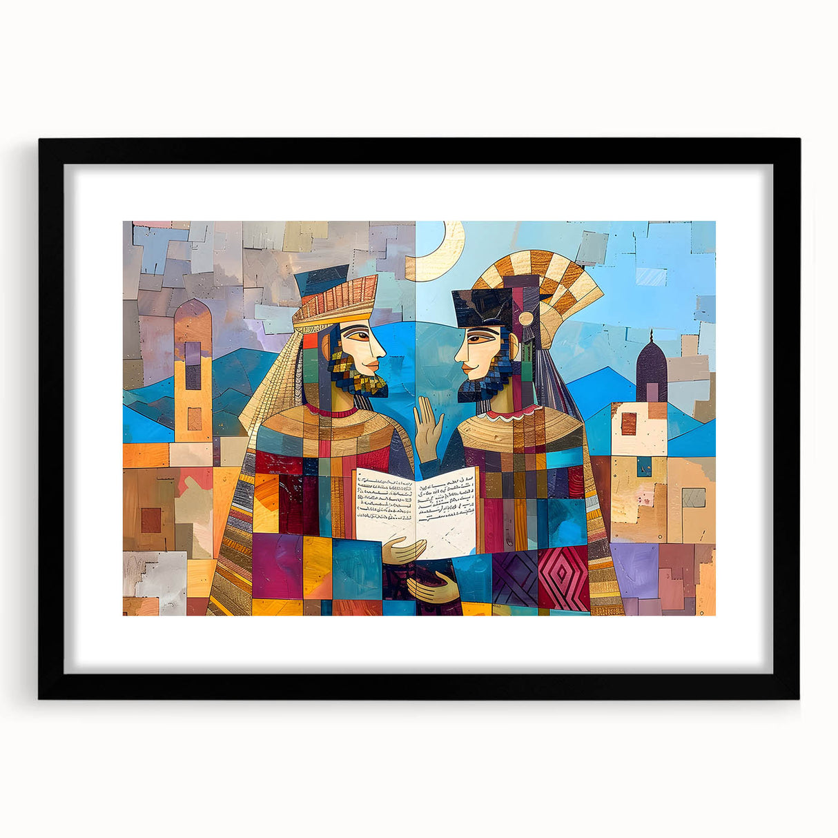 Extra large abstract art print of a textured Middle Eastern scenery in vibrant colors on a framed black mat.