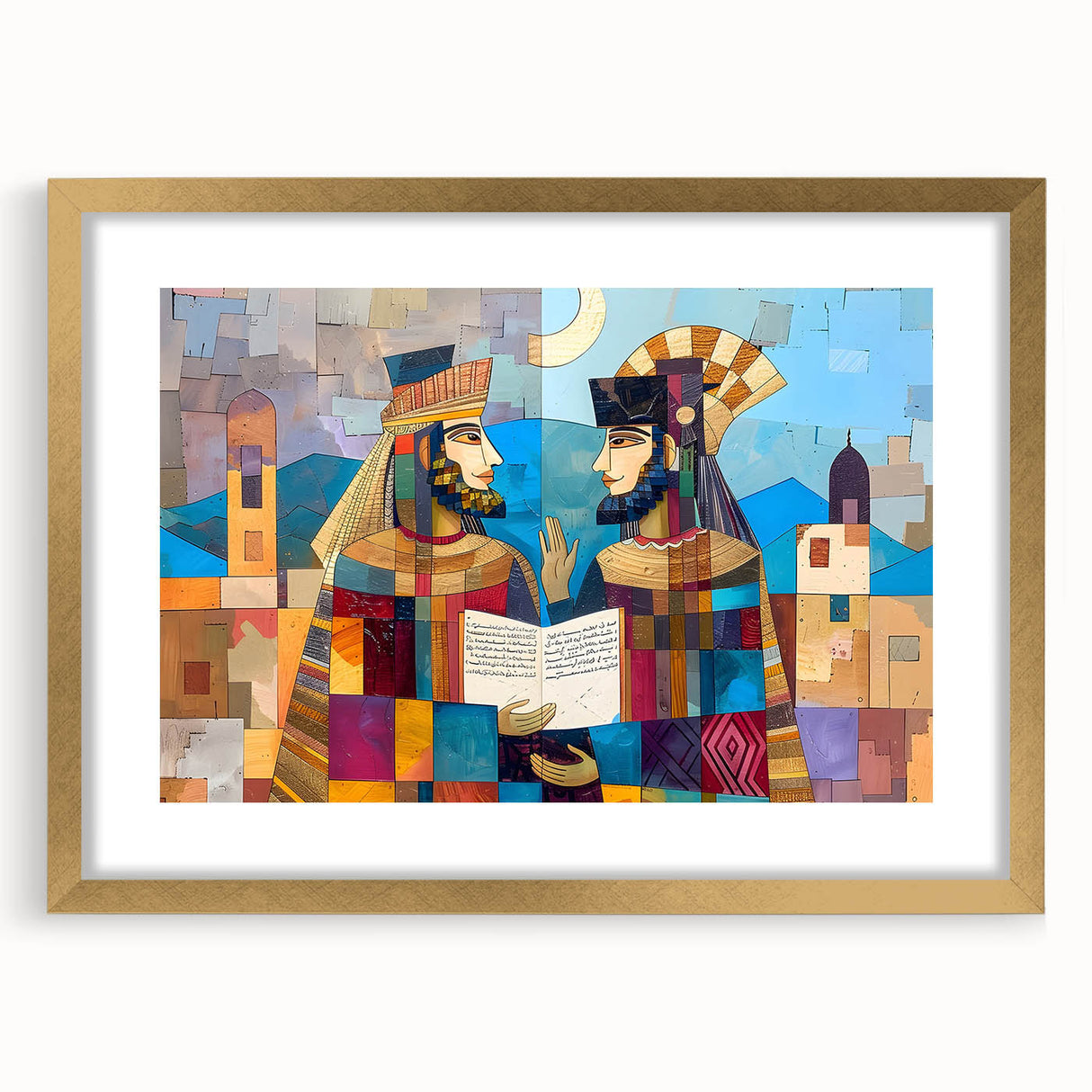 Extra large abstract art print featuring textured scenery of a Middle Eastern landscape in muted earth tones.