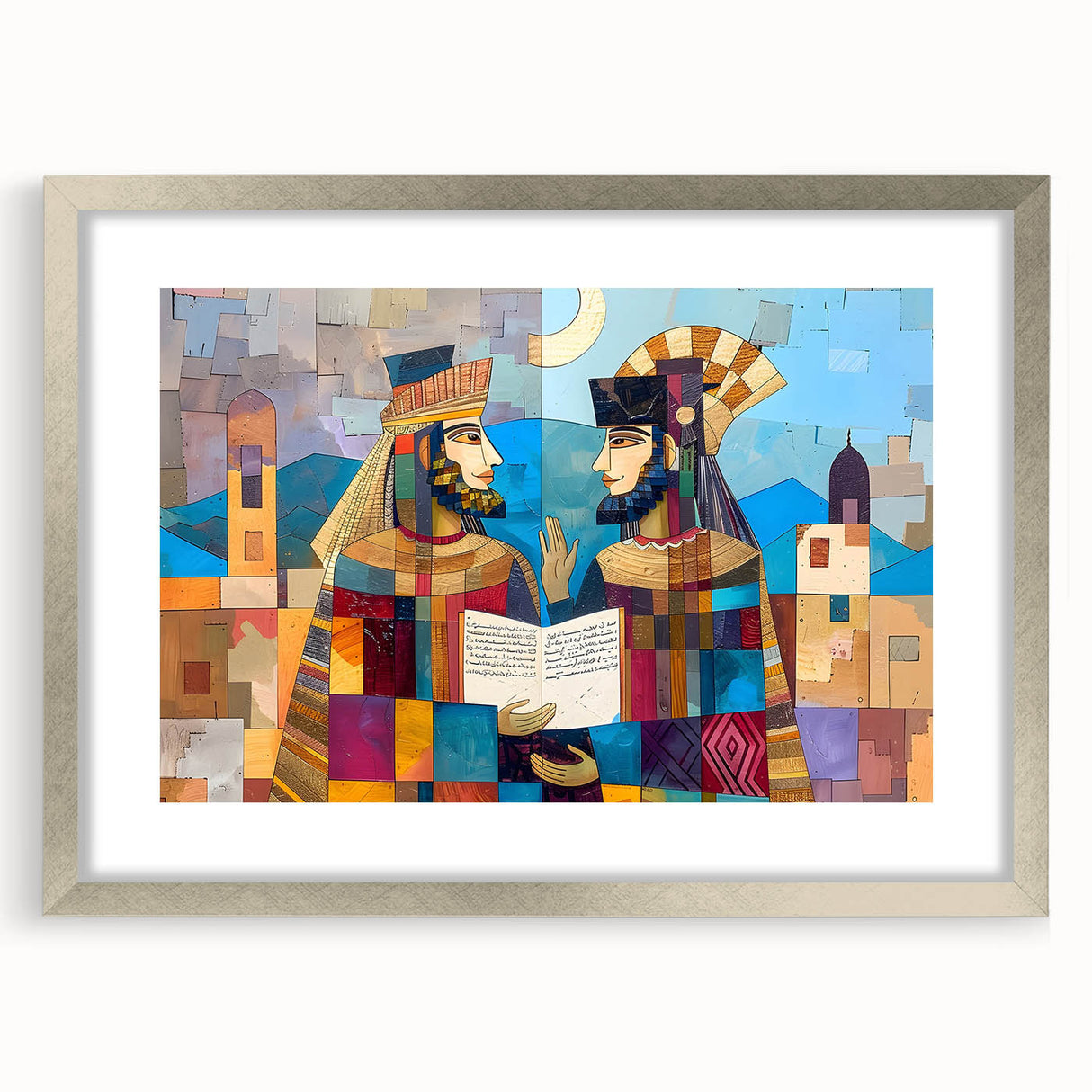 Textured abstract art print depicting a Middle Eastern scenery in muted earth tones, framed in silver, ideal for bedroom art.