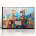 Large abstract wall art depicting a Middle Eastern scenery in muted earth tones on a framed acrylic.