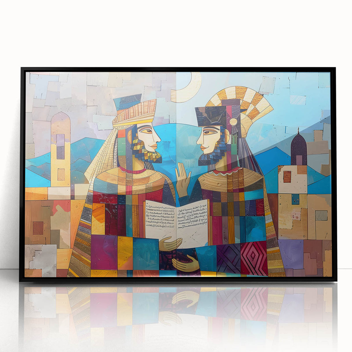 Large abstract wall art depicting a Middle Eastern scenery in muted earth tones on a framed acrylic.