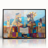 Large abstract wall art depicting a Middle Eastern scenery in muted earth tones on a framed acrylic.