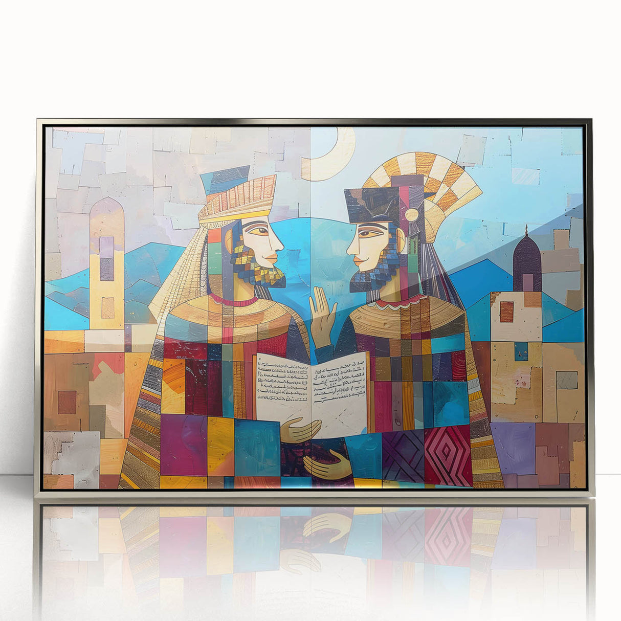 Mid-century modernist art depicting a Middle Eastern Iraqi landscape in muted earth tones on a framed acrylic print.