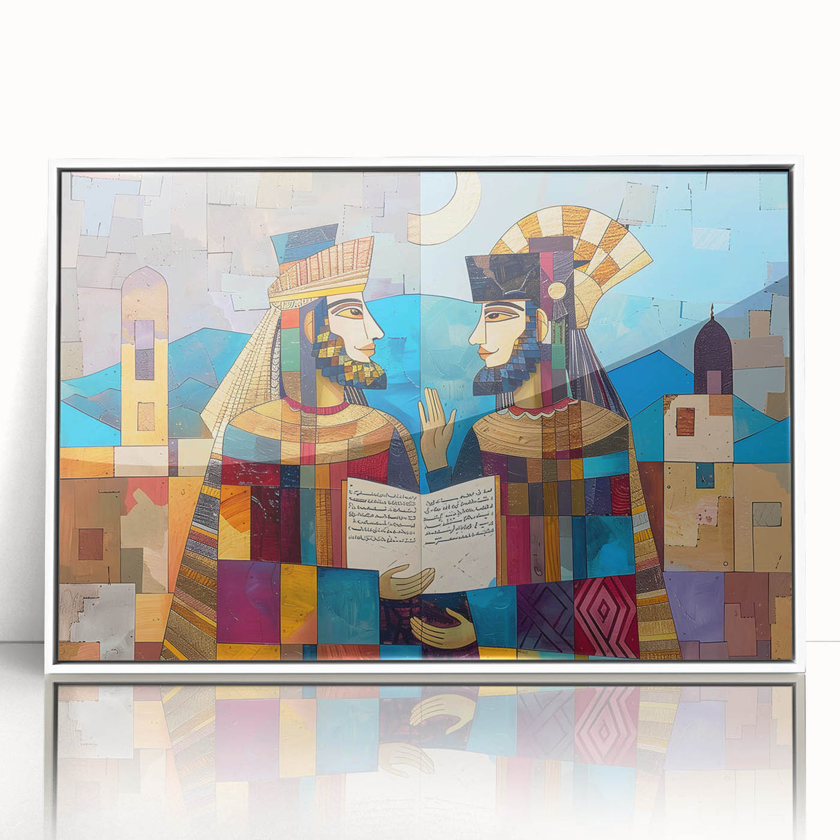 Acrylic print of a Middle-Eastern cityscape in muted earth tones, framed in white, suitable for modern art wall decor.