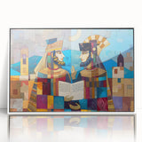 Acrylic print of a Middle-Eastern cityscape in muted earth tones, framed in white, suitable for modern art wall decor.