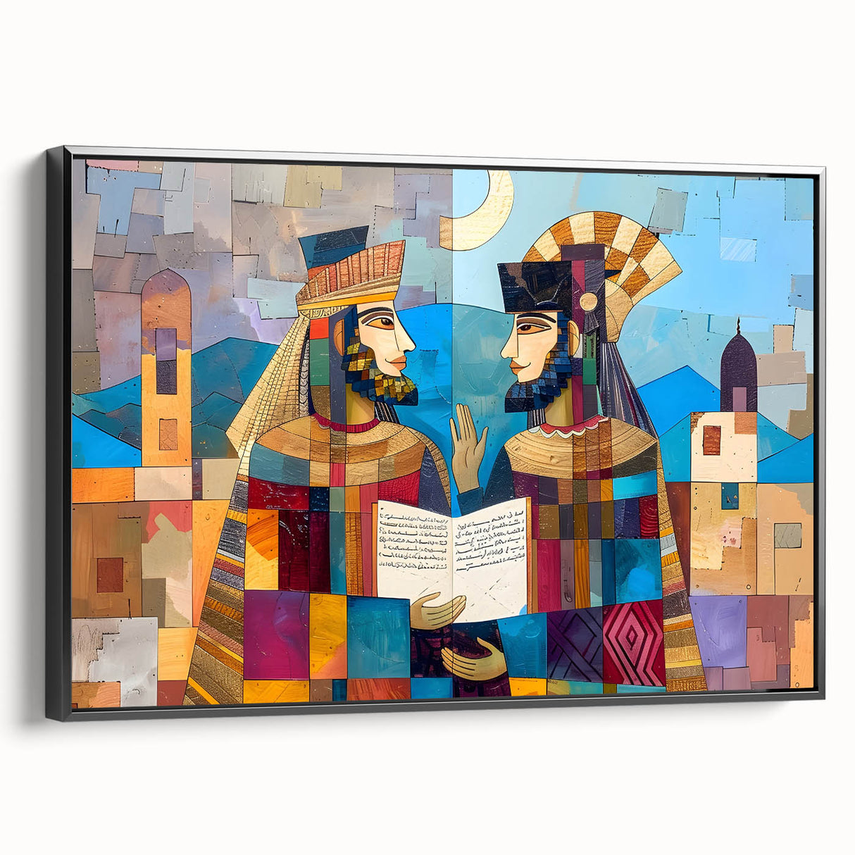 Black and white landscape art painting of a Middle Eastern Iraqi scene, framed canvas, ideal for bedroom decor.