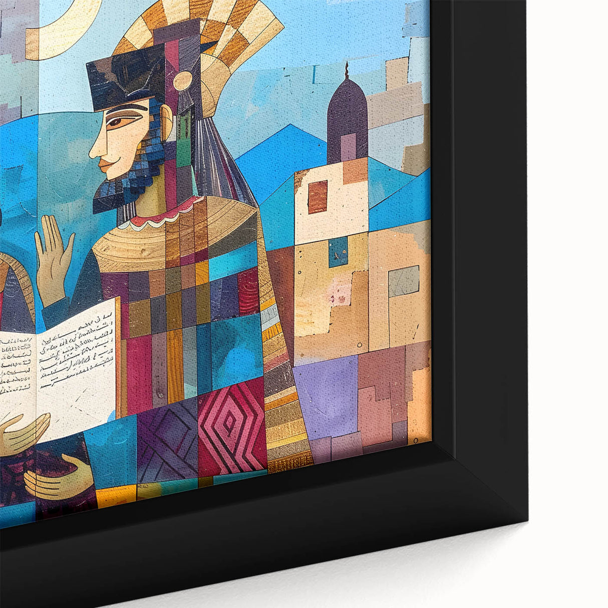 Extra large framed canvas depicting a textured, colorful Middle Eastern landscape in black with vibrant accents.