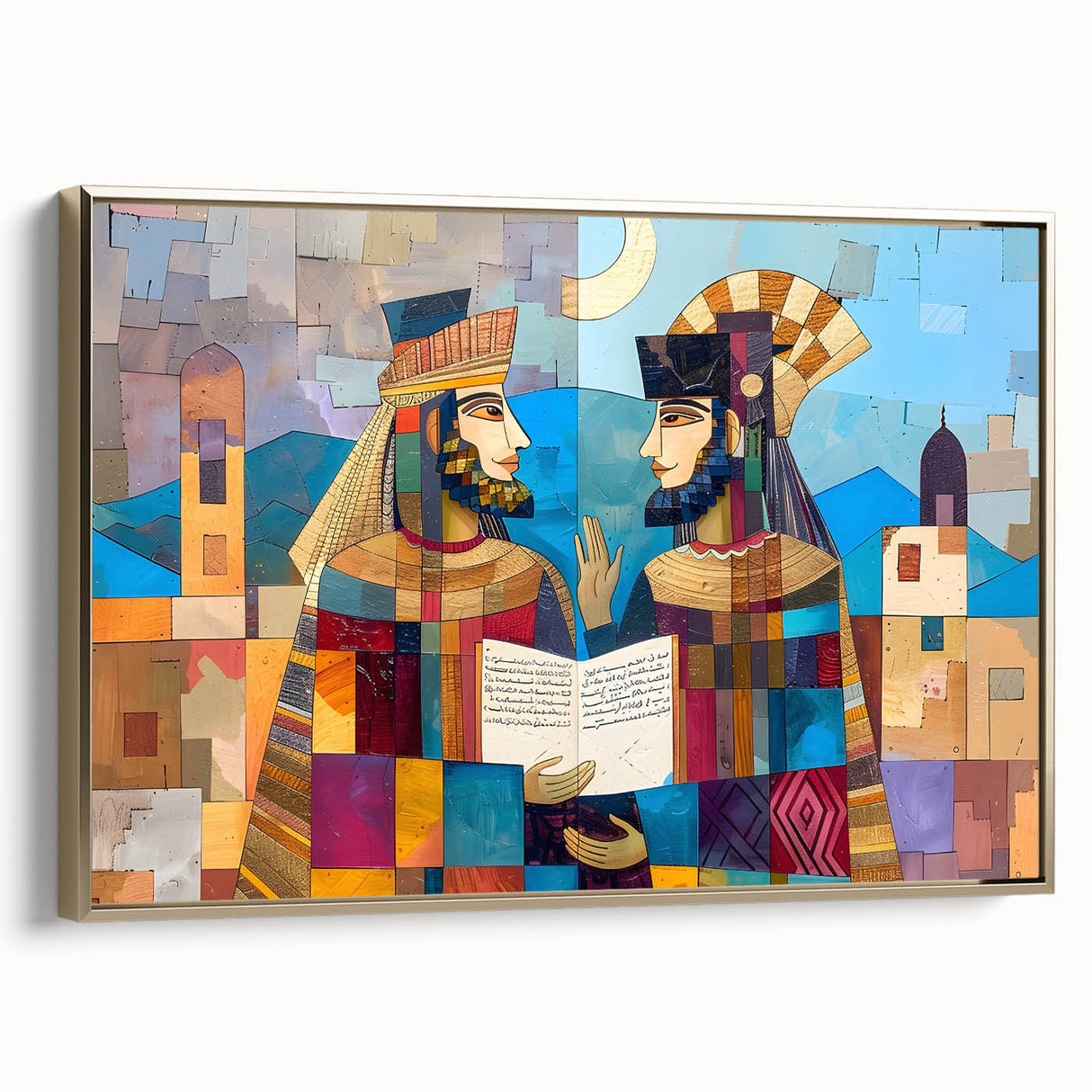 Framed canvas featuring a vintage-style landscape painting of a Middle Eastern scene in muted gold and black tones.