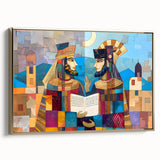 Framed canvas featuring a vintage-style landscape painting of a Middle Eastern scene in muted gold and black tones.