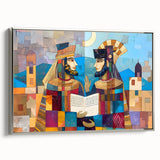 Landscape art painting depicting a Middle Eastern scene on a silver-framed canvas, featuring muted earth tones.