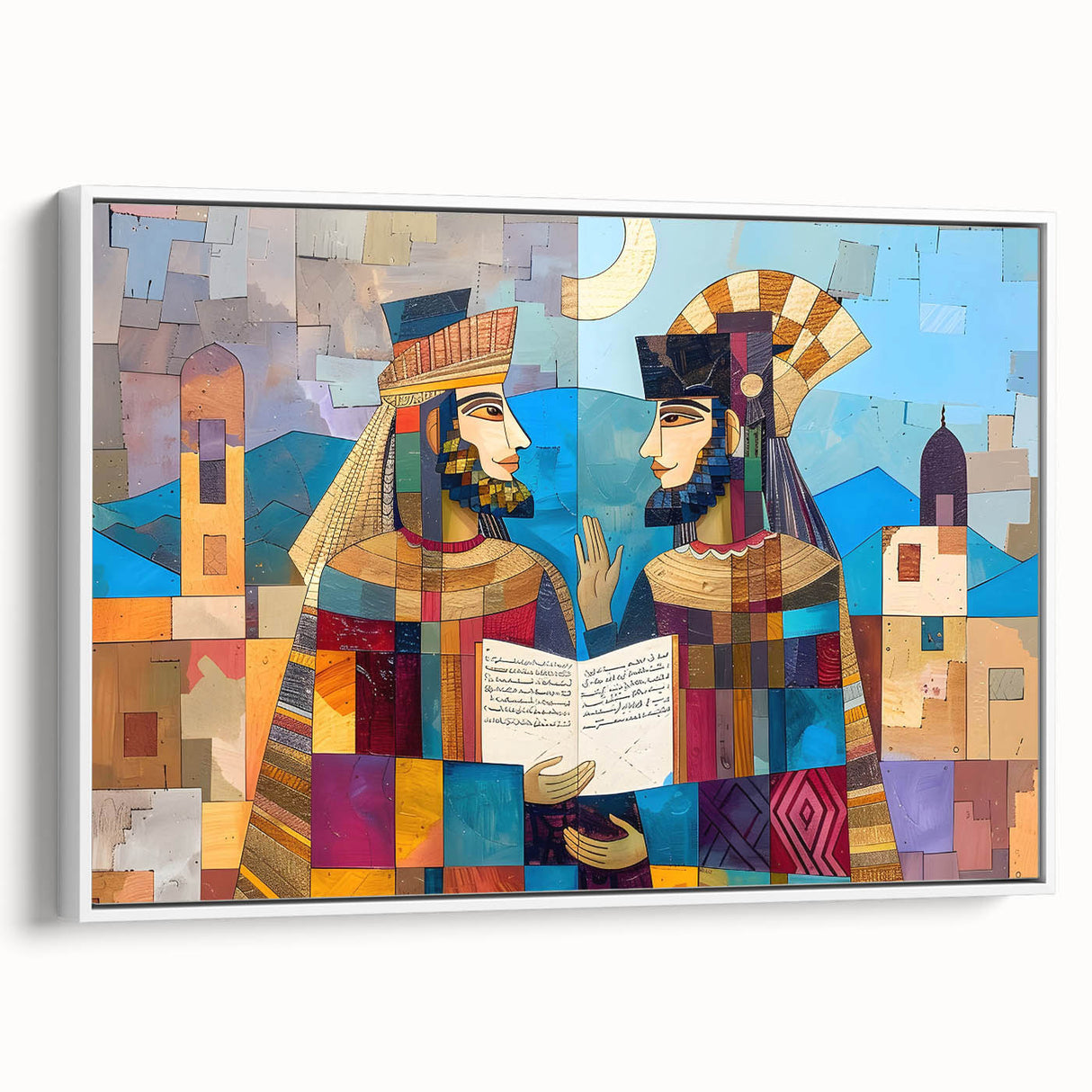 Framed canvas depicting a vintage poster art of a Middle Eastern scenery in vibrant colors, ideal for living room decor.