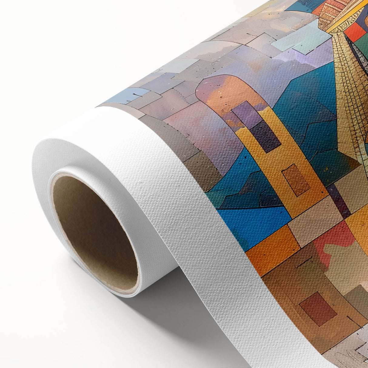 Art deco poster of a Middle Eastern landscape in muted earth tones on rolled canvas, ideal for nursery wall art.