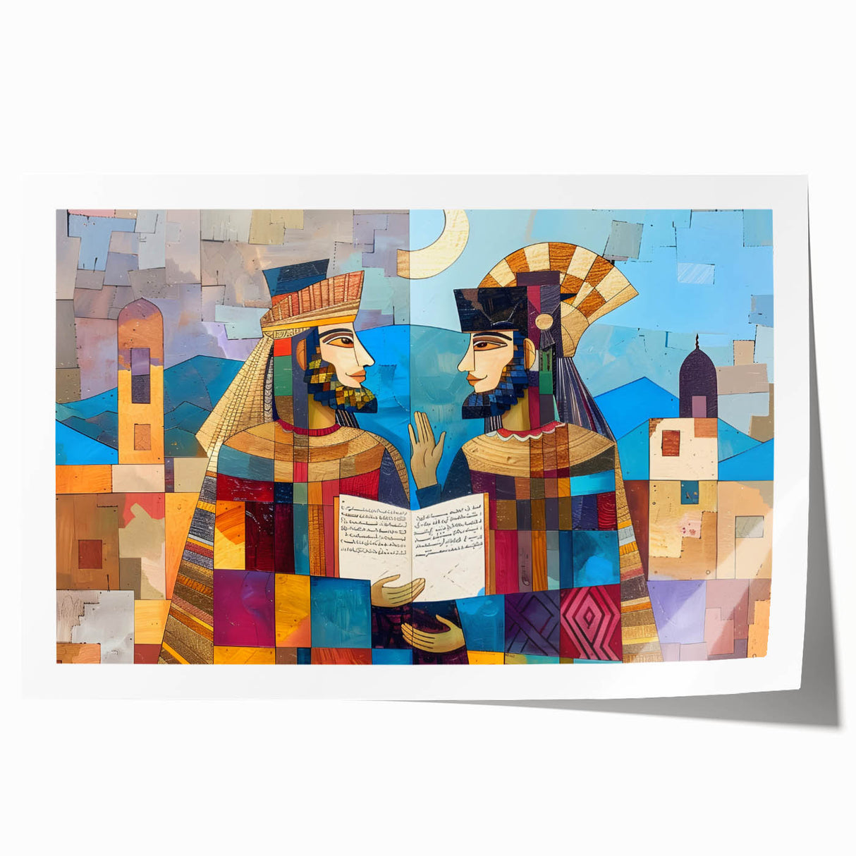 Extra large rolled print of a Middle Eastern scenery with floral elements in earthy tones.