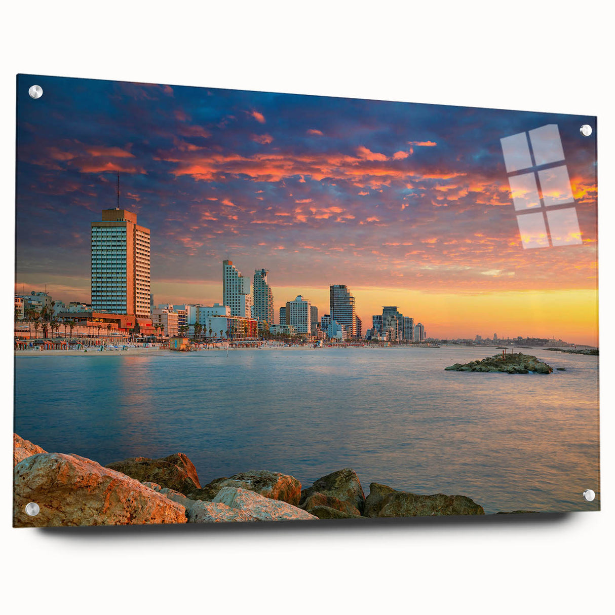 Acrylic print of Tel Aviv skyline in muted blue and gray tones, ideal for dining room art.