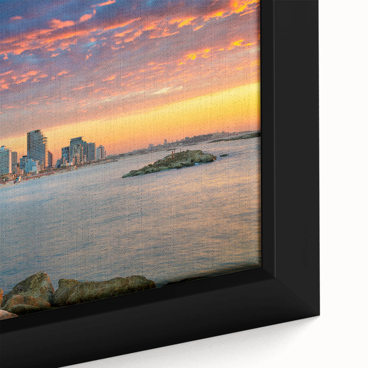 Extra large black wall art of Tel Aviv skyline on textured canvas, featuring vibrant colorful accents.