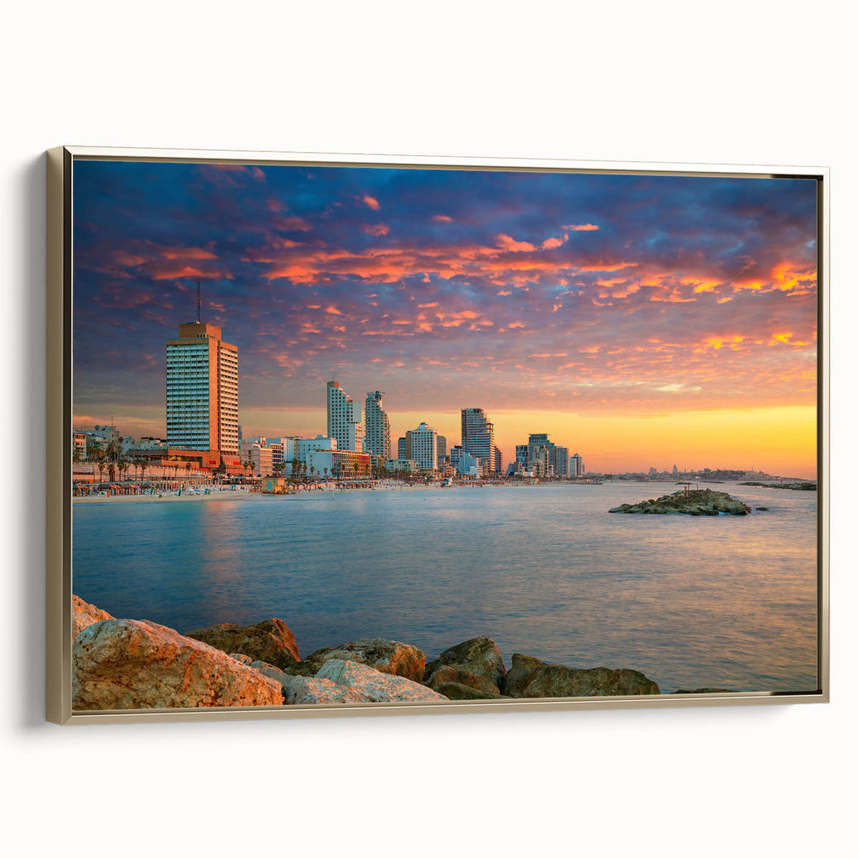 Framed canvas wall art featuring a vintage-style Tel Aviv landscape in muted gold and black tones, ideal for bedroom decor.