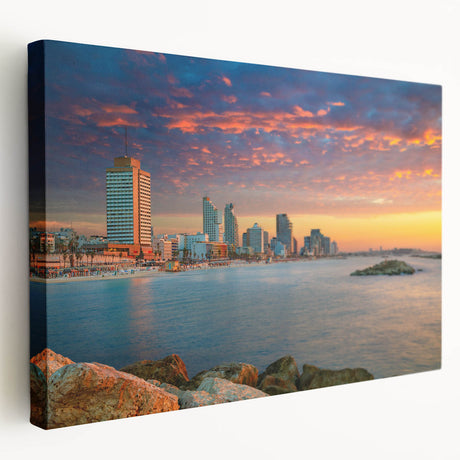 Tel Aviv cityscape on large stretched canvas in muted earth tones, ideal for kitchen wall art.