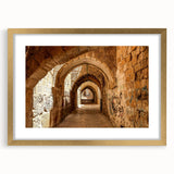 Extra large abstract art print depicting a Middle Eastern scenery in gold and earth tones, framed with a mat.