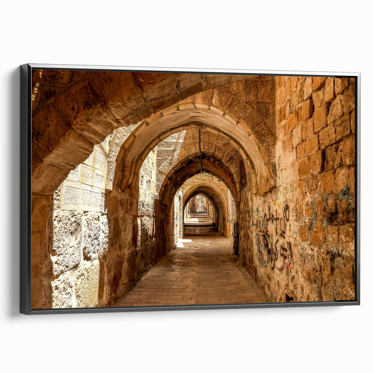 Black and white landscape art painting of a Middle Eastern scene on framed canvas, ideal for bedroom wall decor.