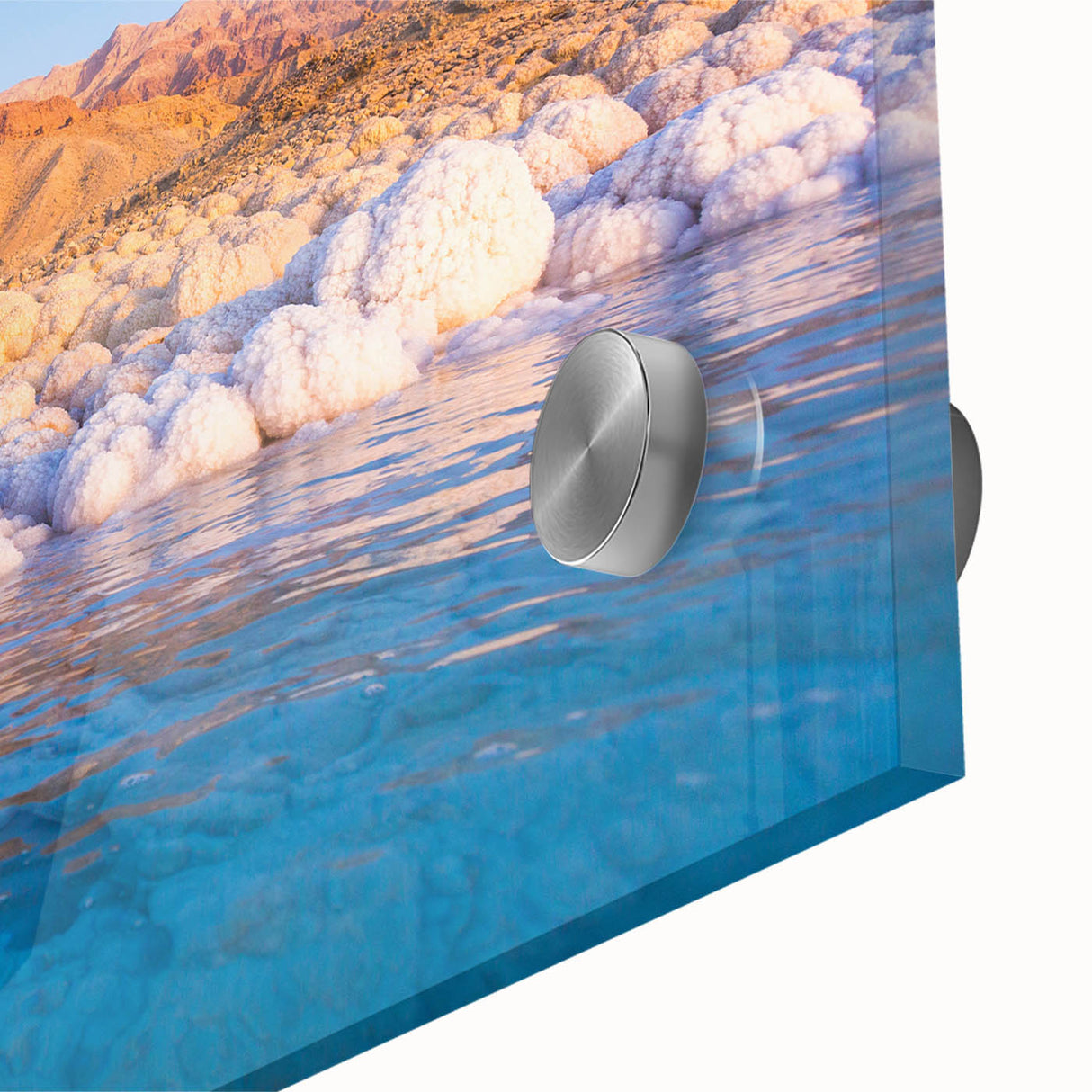 Mid-century modernist landscape of Jordan on acrylic glass, in muted earth tones, ideal for dining room art.