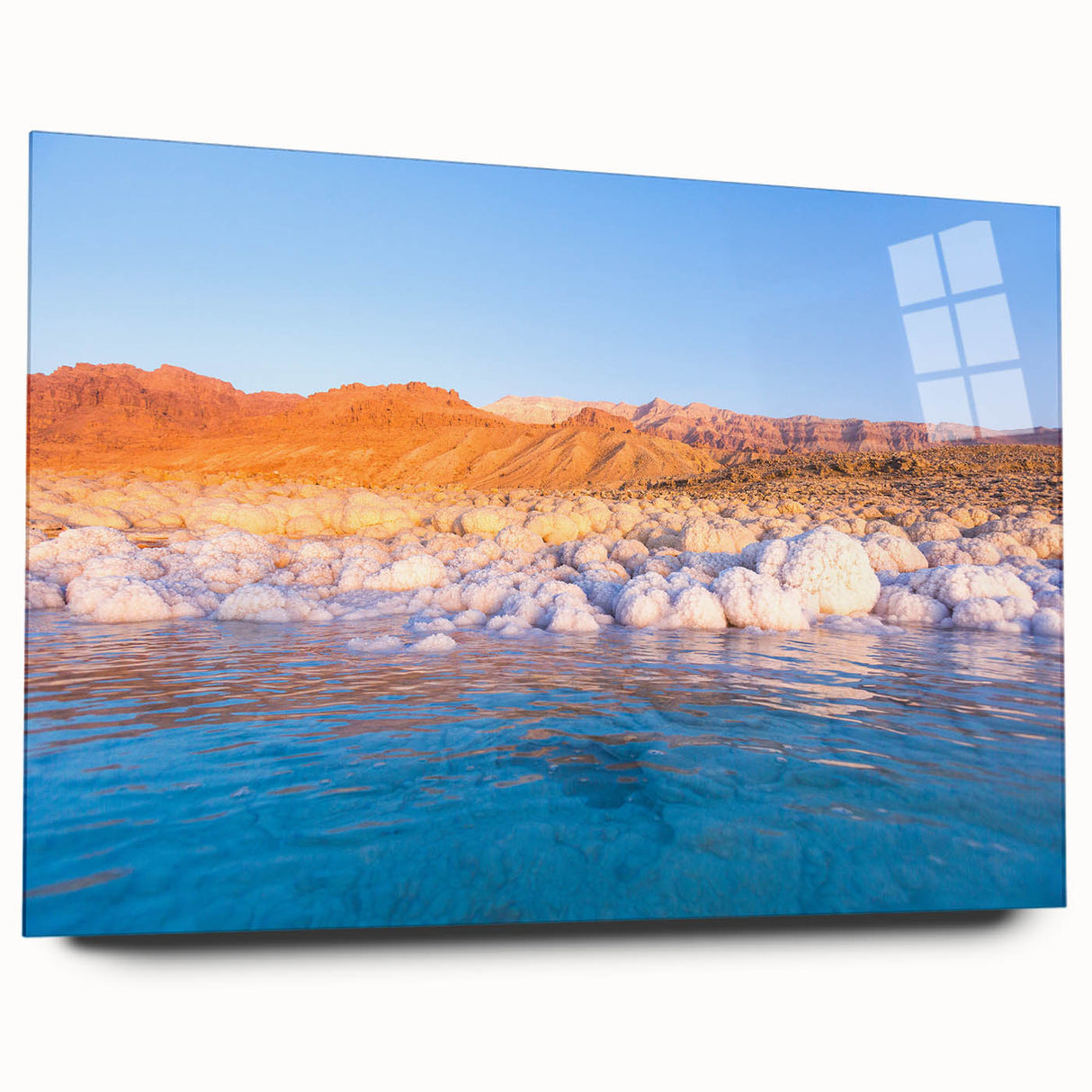 Large abstract wall art print of a Jordanian desert landscape on acrylic glass, featuring earth tones.