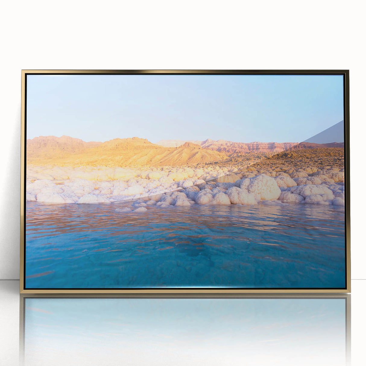 Large framed acrylic print of a Middle Eastern Jordanian scenery in gold tones, ideal for modern art wall decor.