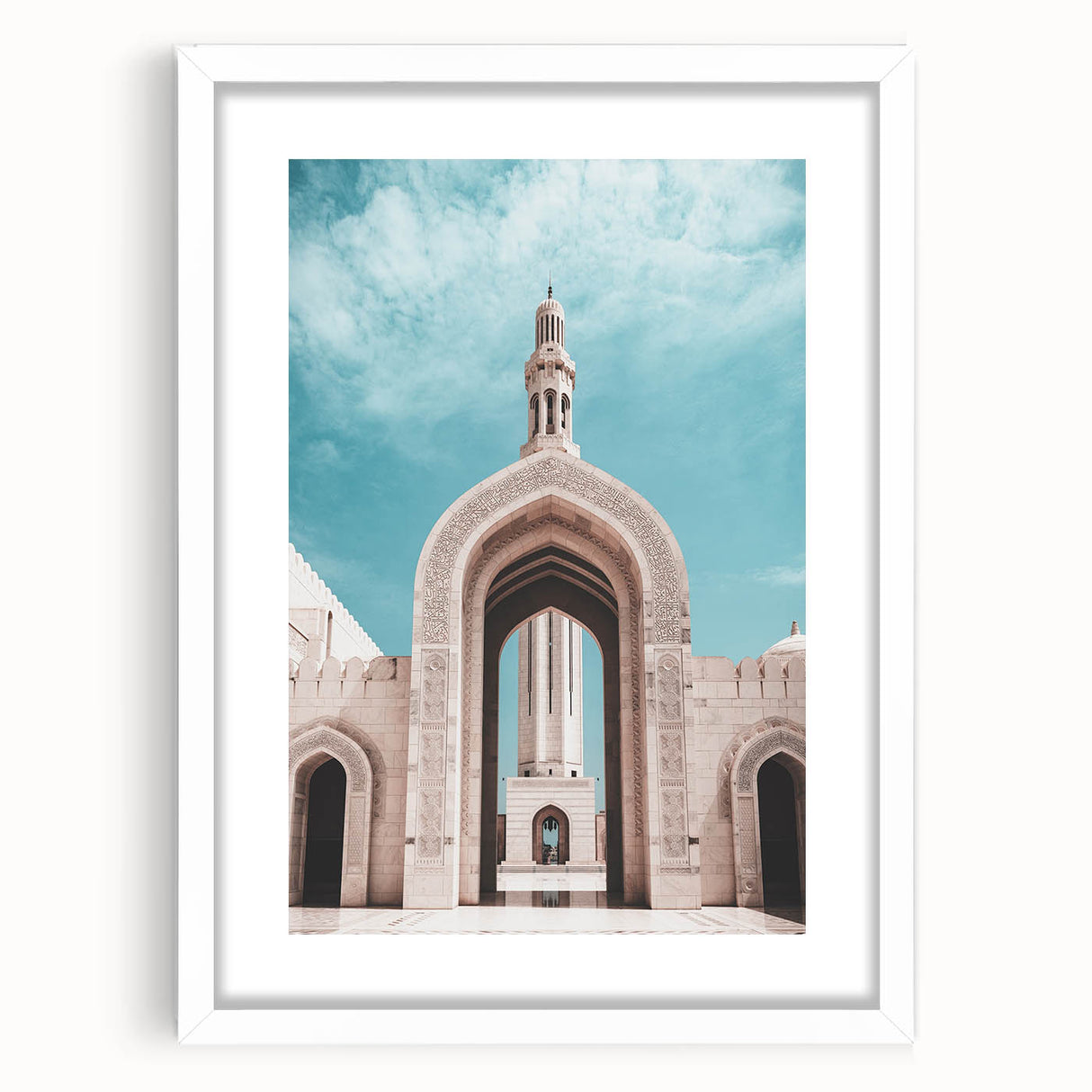 Abstract art print depicting a Middle Eastern scenery in muted earth tones on a framed white mat.