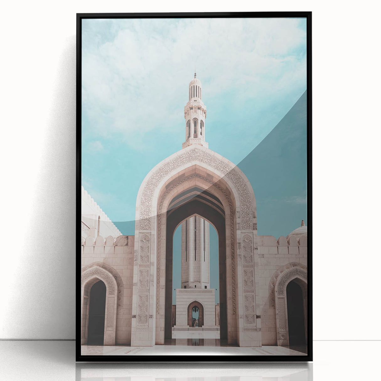 Large abstract wall art depicting a Middle-Eastern Oman scenery in muted earth tones, framed in black acrylic.