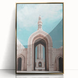 Mid-century modernist style large art print of an Omani landscape in gold tones, acrylic framed.
