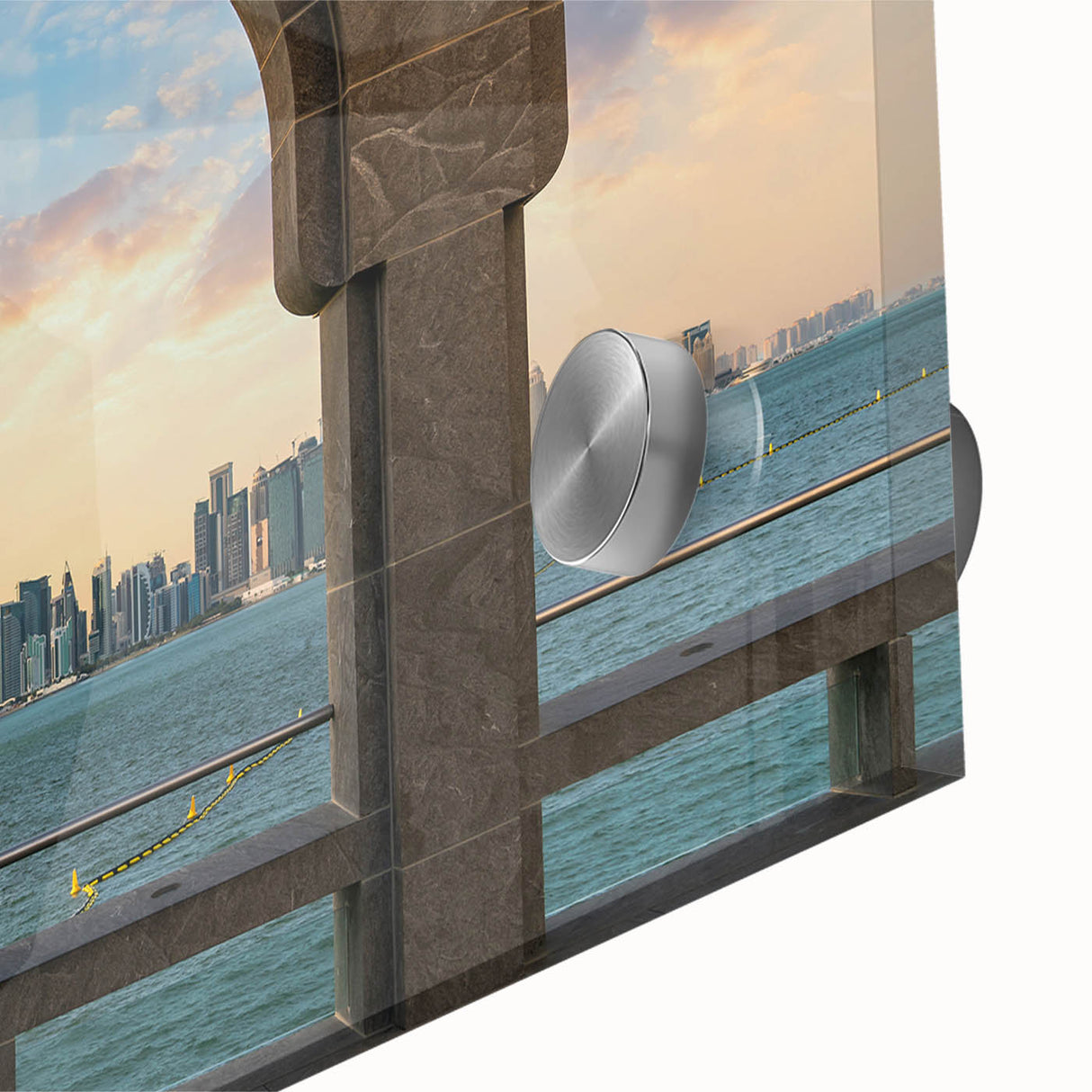 Large abstract wall art of a Qatar scenery in mid-century modernist style on acrylic glass, suitable for dining room decor.