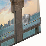 Large abstract wall art of a Qatar scenery in mid-century modernist style on acrylic glass, suitable for dining room decor.