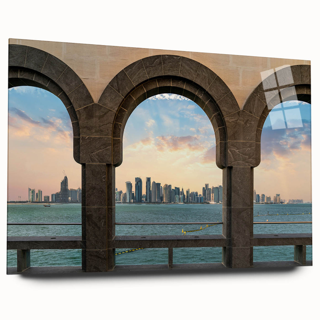 Large abstract wall art of Middle Eastern scenery in muted earth tones on acrylic glass.