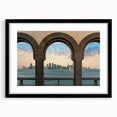 Extra large abstract art print of a Middle Eastern scenery in vibrant colors on a textured canvas, framed in black.