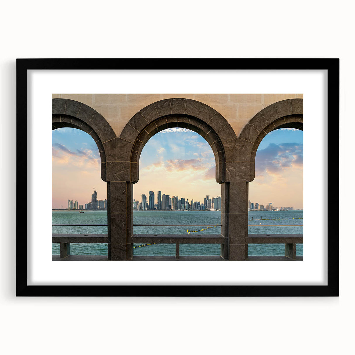Extra large abstract art print of a Middle Eastern scenery in vibrant colors on a textured canvas, framed in black.