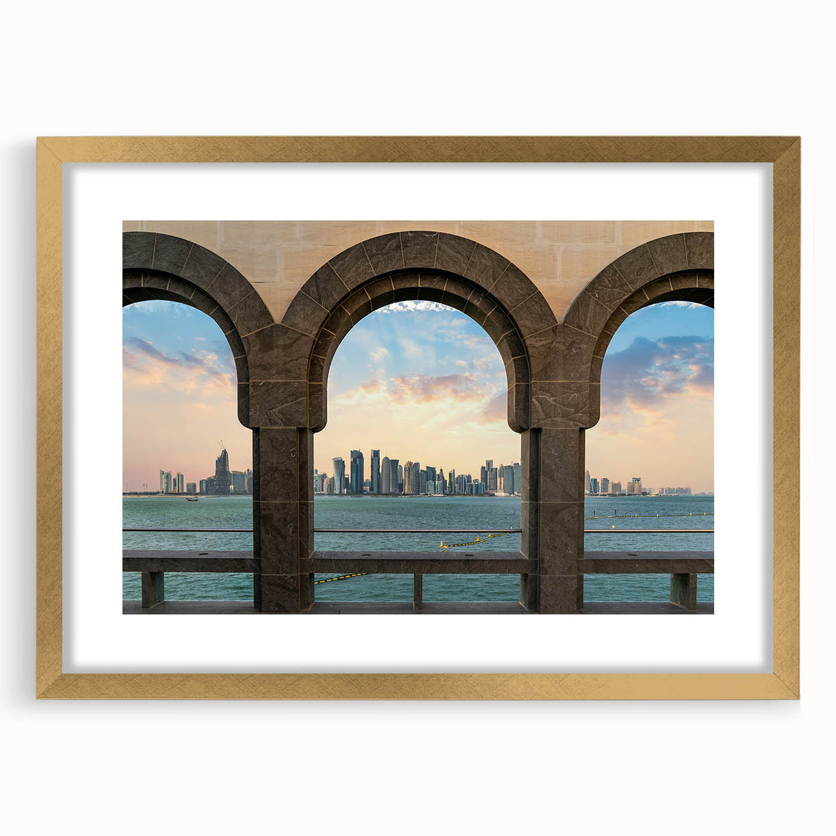 Extra large abstract art print depicting Qatar scenery in textured gold and earth tones on a framed canvas.