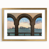 Extra large abstract art print depicting Qatar scenery in textured gold and earth tones on a framed canvas.